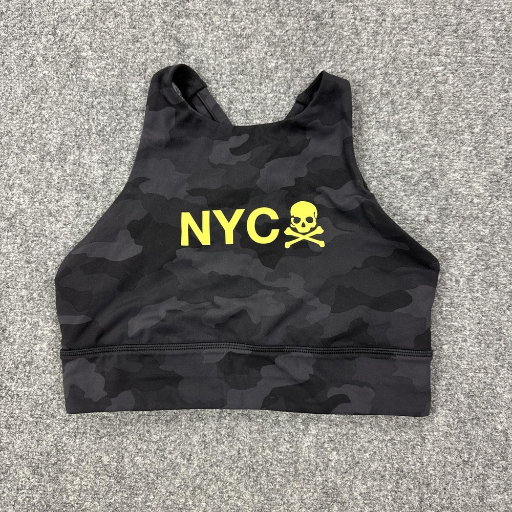 Lululemon Sports Bra Womens 8 Black Camo NYC Skull Crossback Yoga Running Gym